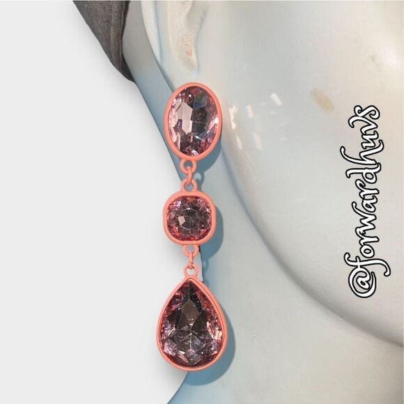 Pink Powdered Metal Dangle Bling Earrings with Faceted Pink Glass Rhinestones - Picture 1 of 10